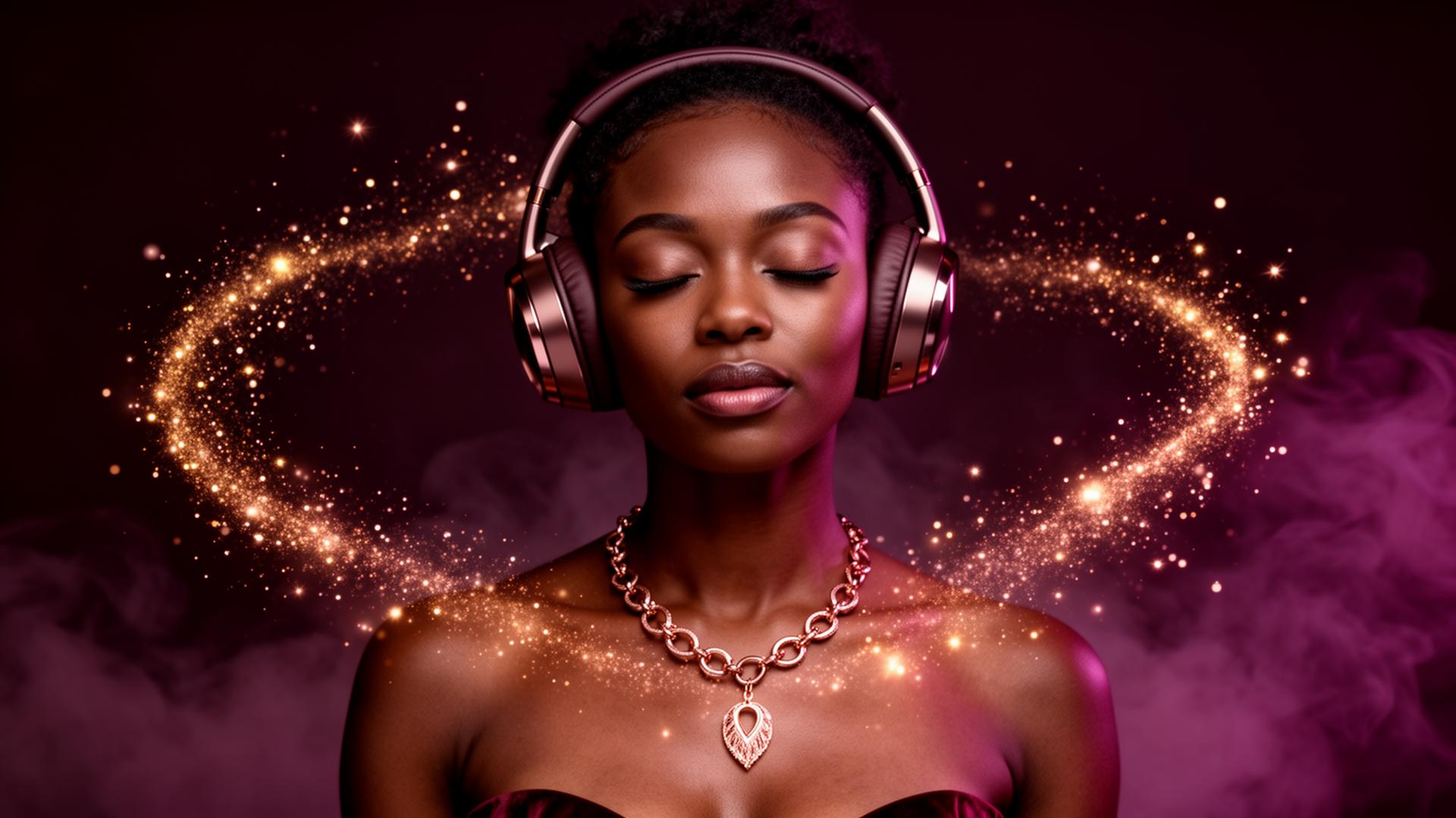 Black woman in rose gold headphones lost in an audiobook